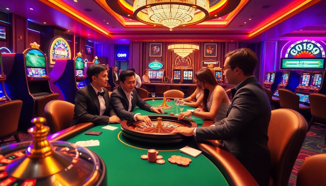 Experience the thrill of GO99 casino with players at a vibrant poker table and modern slot machines.