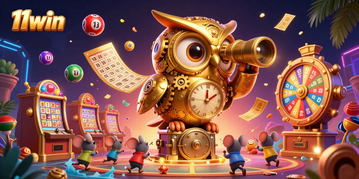 Experience the excitement of 11win with a vibrant casino scene featuring a golden owl and lively game elements.