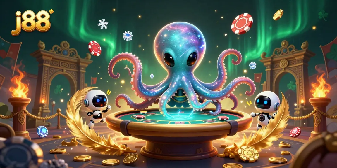 Experience thrilling poker action at j88 with a vibrant 3D alien octopus and robot companion.