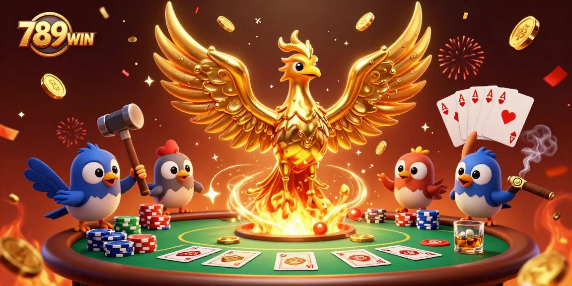 Experience thrilling poker action at 789WIN with shimmering gold and vibrant chips in a lively casino scene.