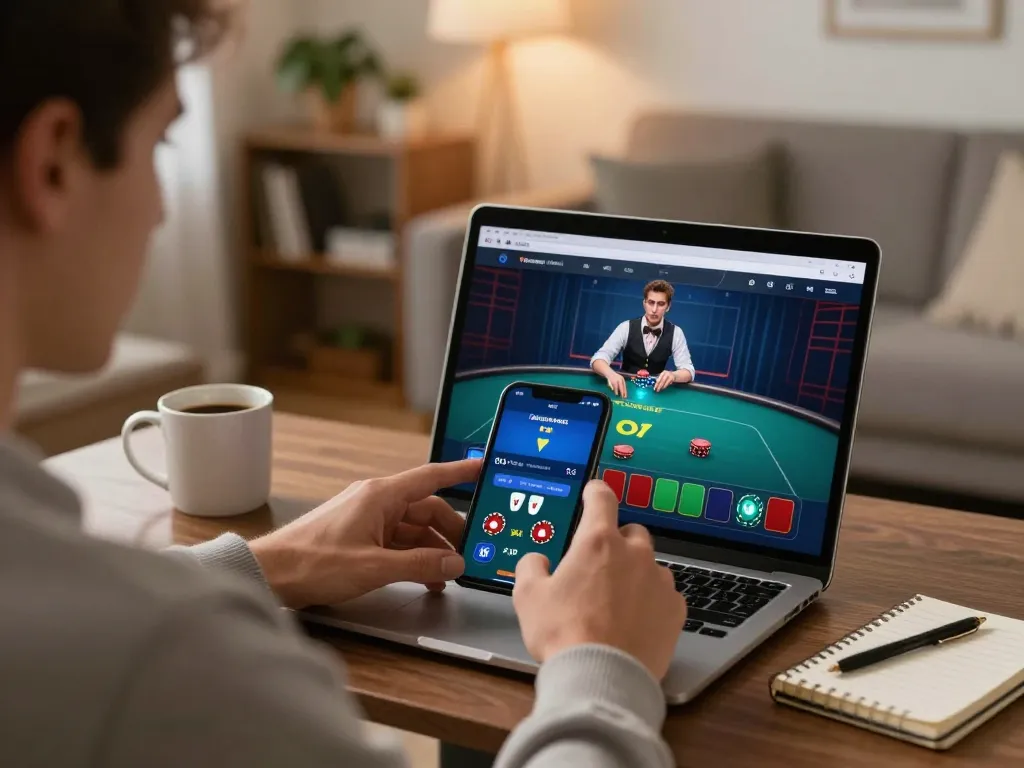Engaged player enjoys Red88 mobile poker app at home in a cozy, strategic environment.