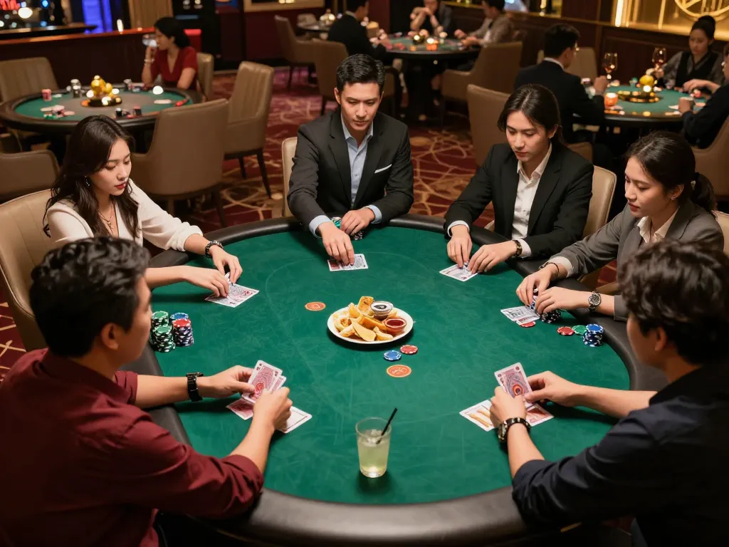 Nyonya9 players engaged in a lively poker game at an upscale lounge, showcasing strategic gameplay.