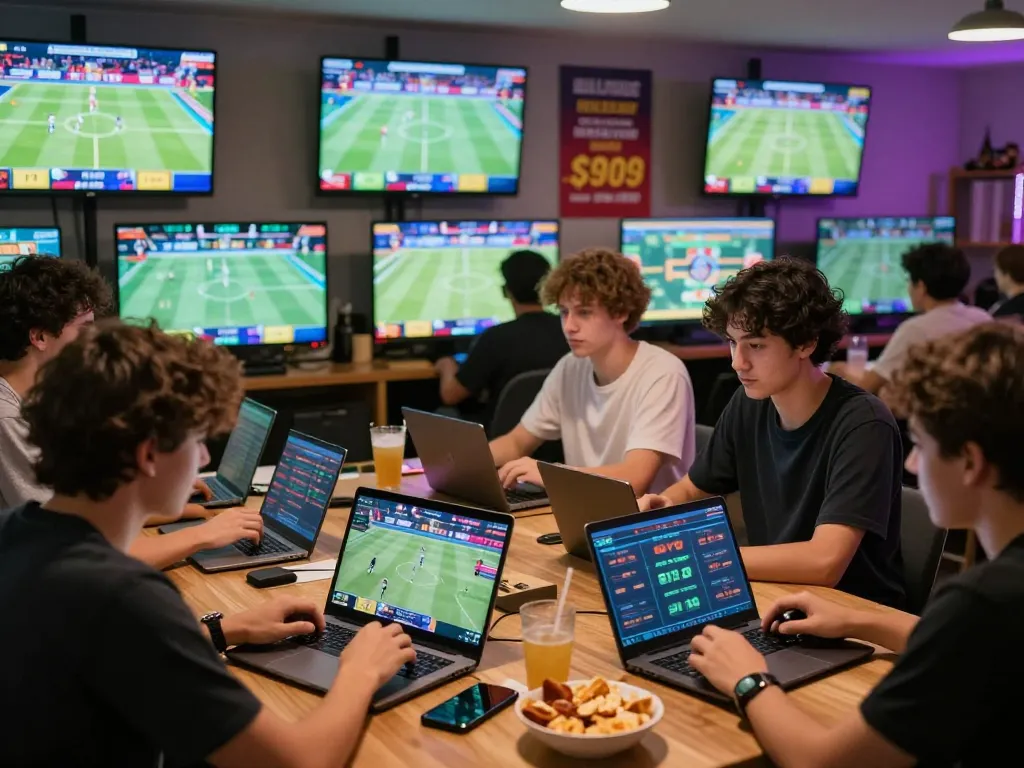Exciting zbet online sports betting scene with friends placing bets on mobile devices