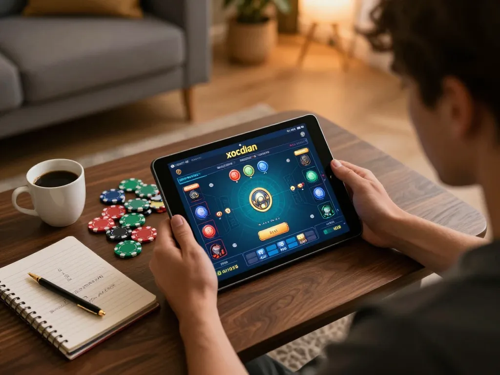 Engaged player analyzing xocdiavn betting strategies on a tablet amid colorful gaming chips.