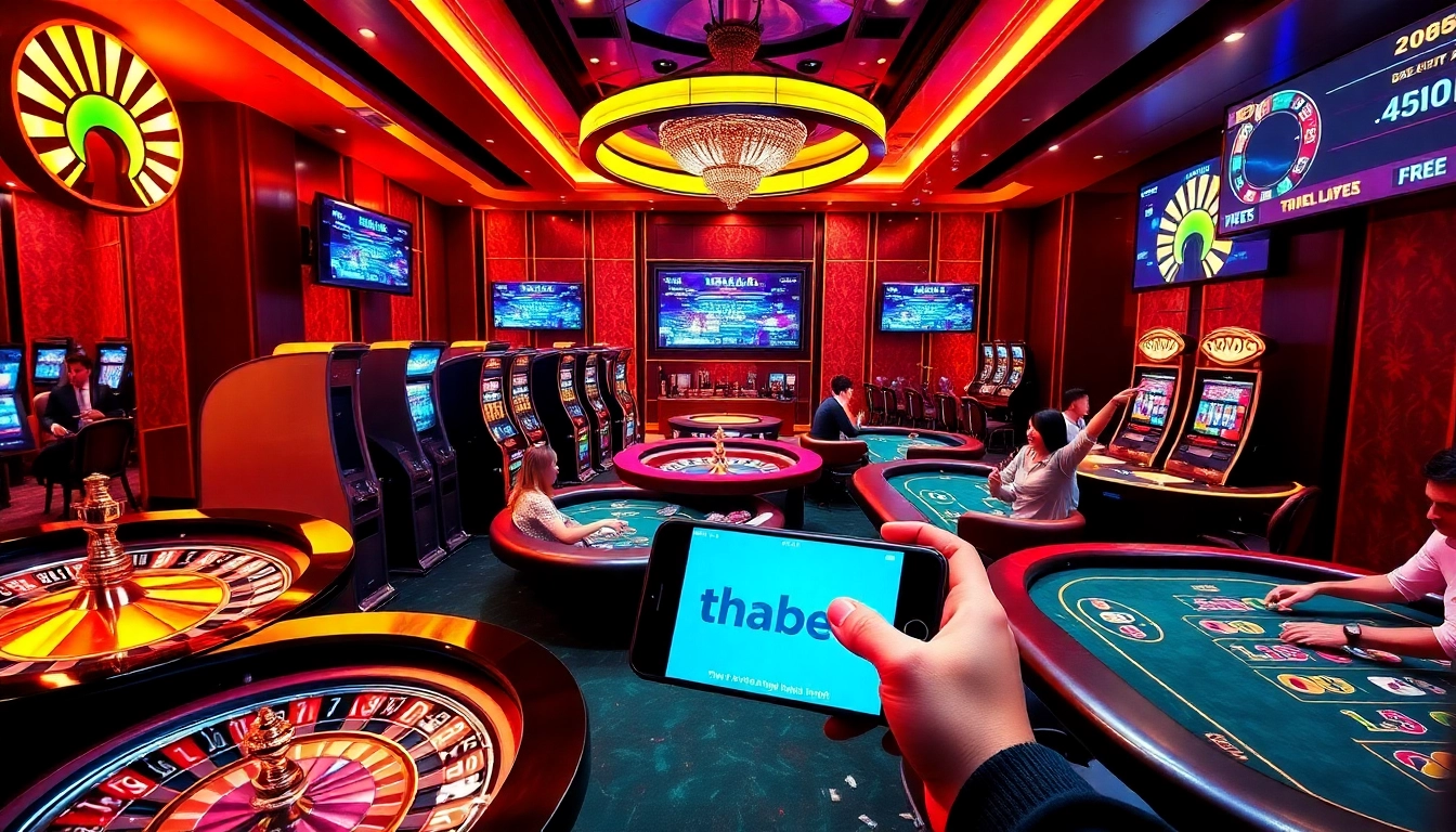 Exciting casino atmosphere showcasing tải thabet app integration on smartphone, vibrant games, and players engaged in action.