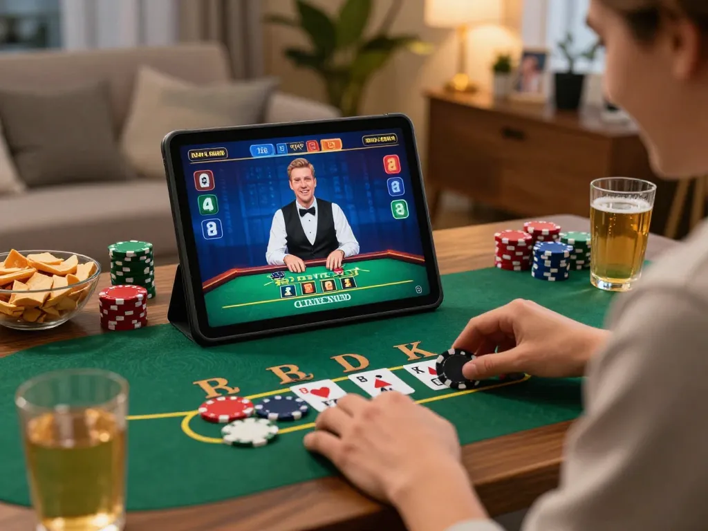 Engaging in a live dealer game at nhà cái mb66, a player placing bets on a tablet in a cozy home