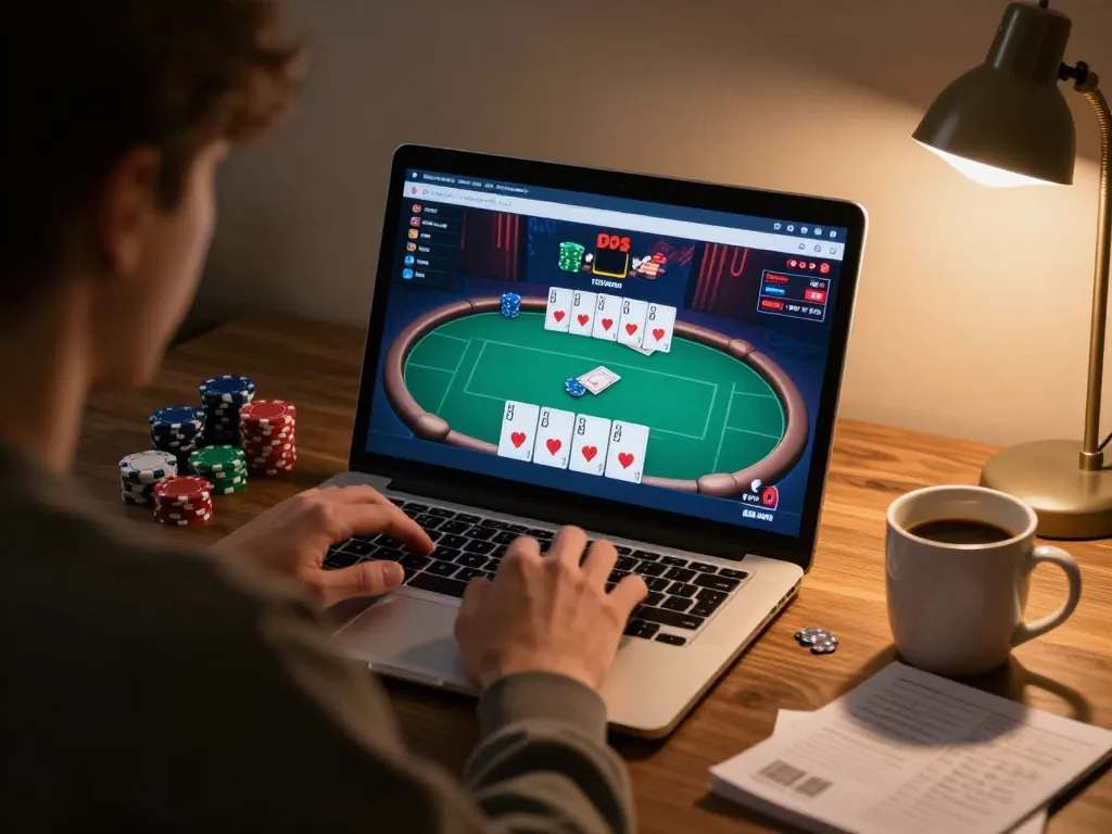 Player engaging with 99Win online casino interface from home, showing poker game action.