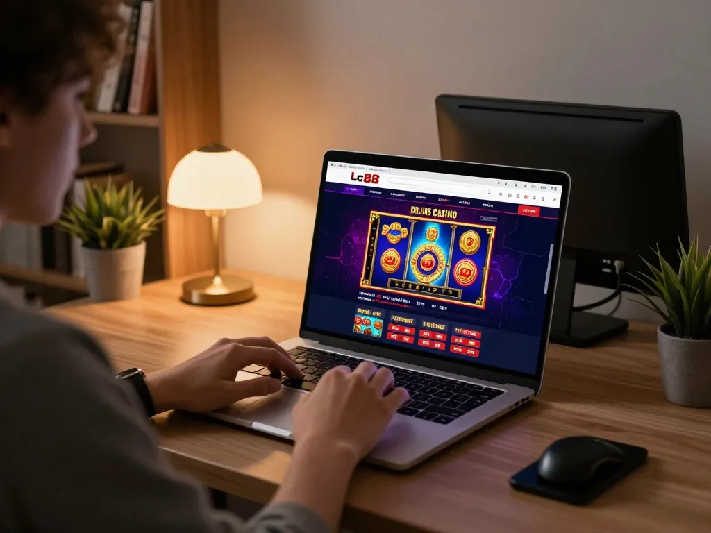 Engaging in online gaming on lc88 with vibrant slot game interface and cozy atmosphere.