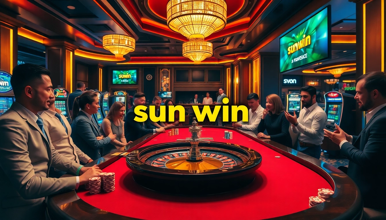 Experience the thrill of sun win at a vibrant casino scene with poker tables and roulette.
