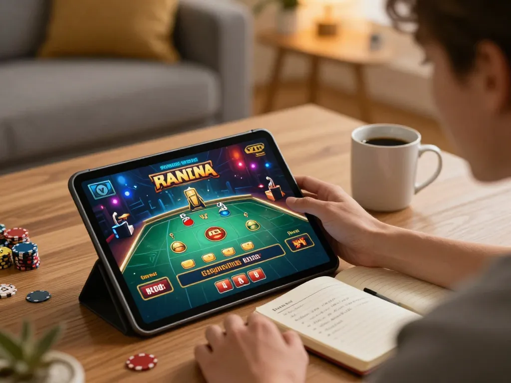 Engaged player enjoying online gaming experience at https://rr88.select/ with strategy notes at cozy home.