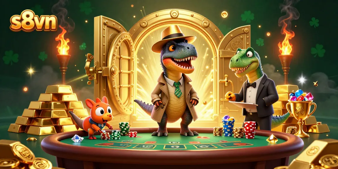S8vn, a card counting velociraptor at a black jack table, surrounded by golden treasures and casino elements.