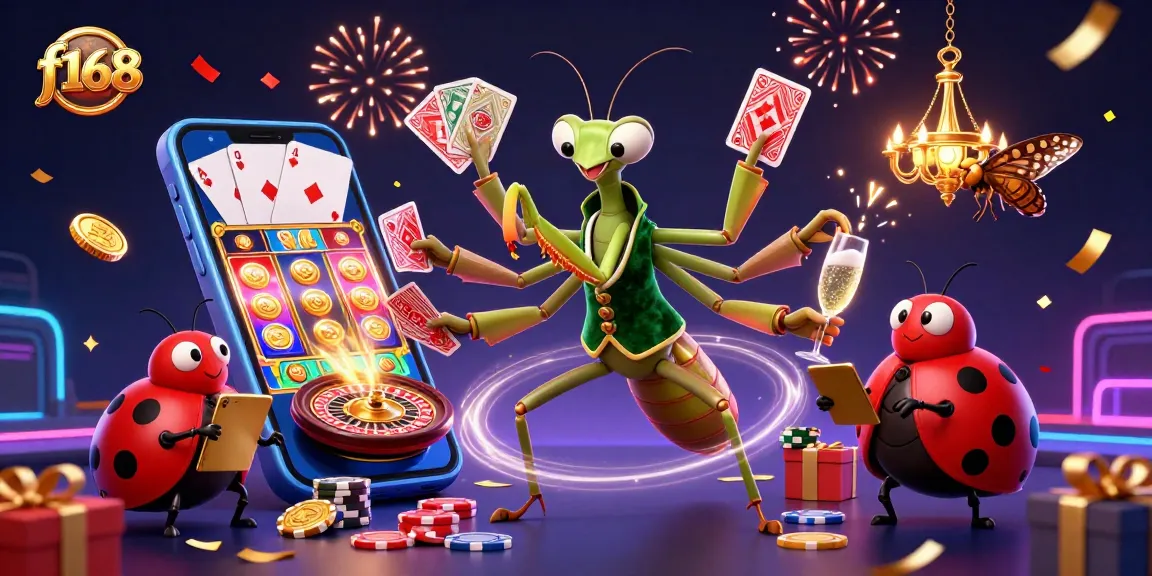 Engage with exciting f168 casino gameplay featuring a vibrant scene of a mantis card sharp entertaining players.