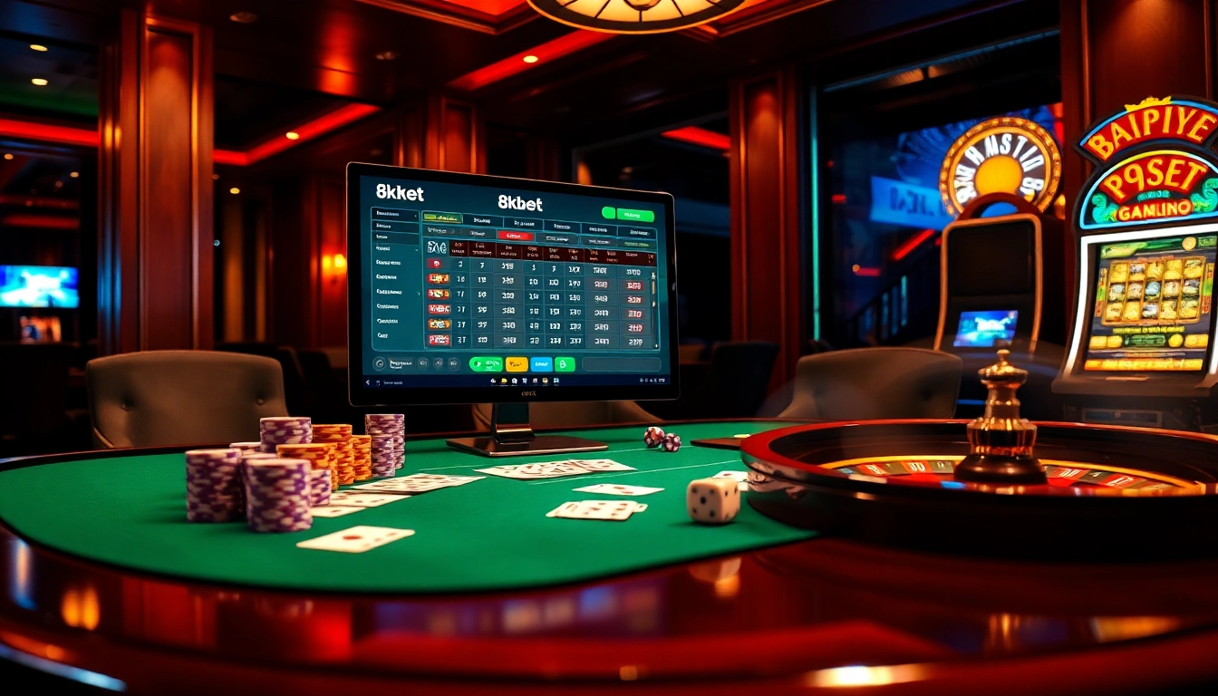 8kbet online casino interface showcasing strategic poker, roulette wheel spinning, and slot machine jackpots