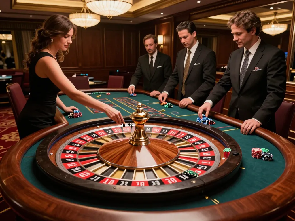 Players engaging in strategic betting at u888's elegant roulette table in a luxurious casino.