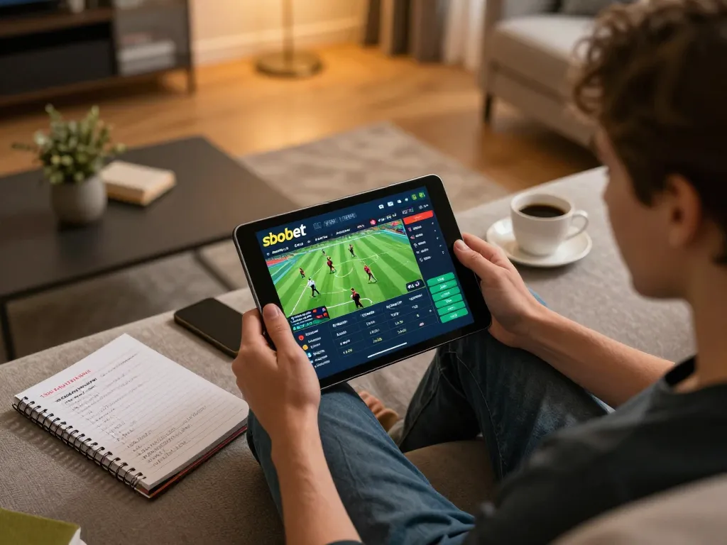 Placing strategic bets on sbobet app shown on tablet, amidst excited home sports betting atmosphere