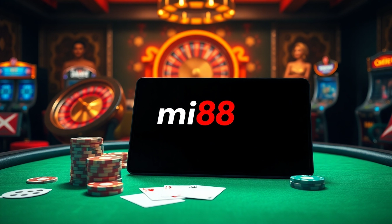 Experience the thrill of gambling with nhà cái mi88 featuring vibrant poker chips and a spinning roulette wheel.