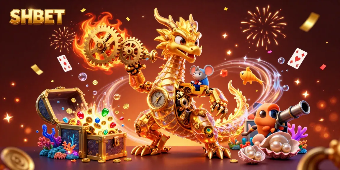 SHBET energizes with thrilling casino adventures featuring a biomechanical dragon brandishing gold gears.