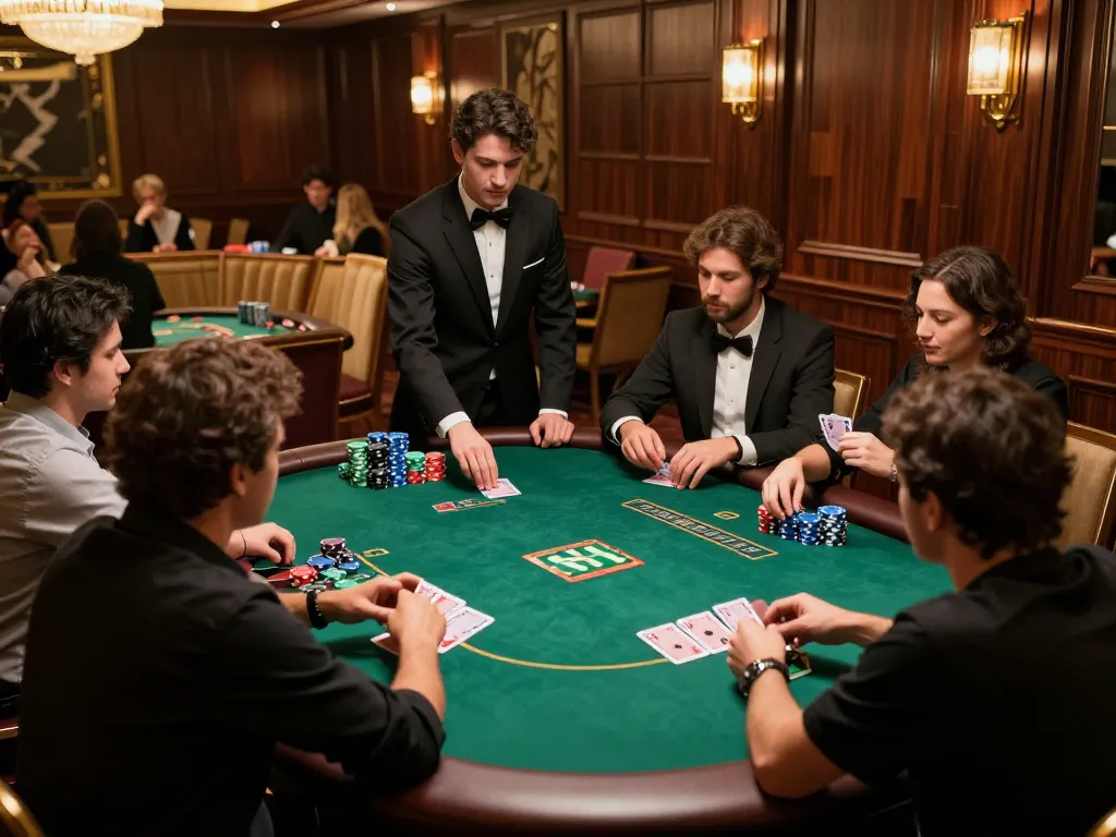 Players engaging in an intense poker game at Five88's upscale casino, showcasing strategic gameplay.