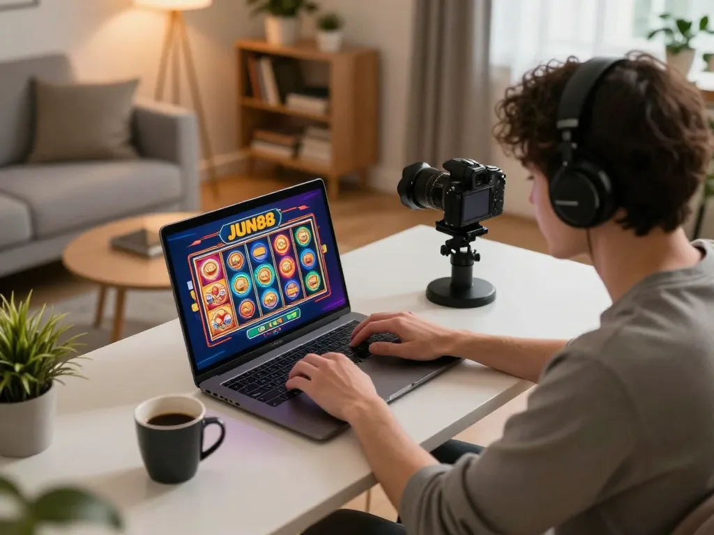 Player engaging with JUN88 casino slots on a laptop, cozy home setup with warm lighting