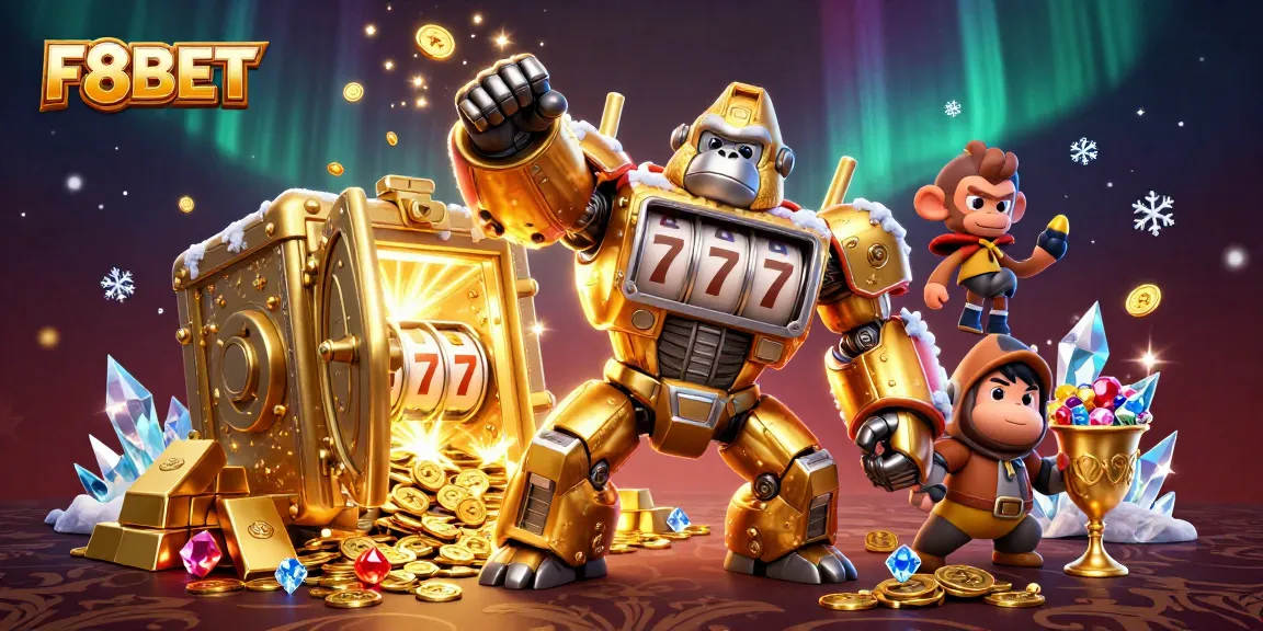 Experience F8BET's thrilling gaming with a dynamic golden gorilla mech in an action-packed casino scene.