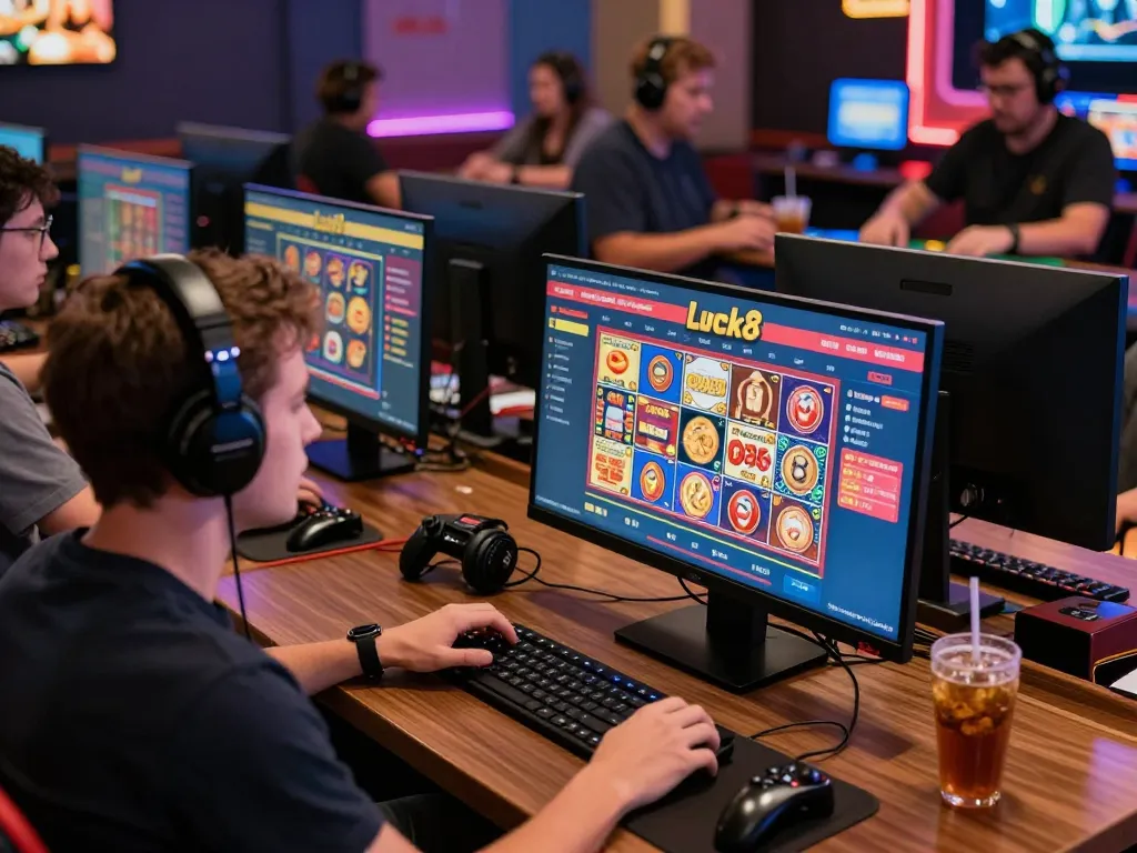 Player enjoying the exciting Luck8 online gambling experience in a vibrant gaming room, showcasing immersive gaming atmosphere.