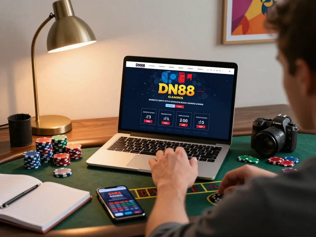 Engage in DN88 online gaming with stylish home setup featuring live dealer game on laptop