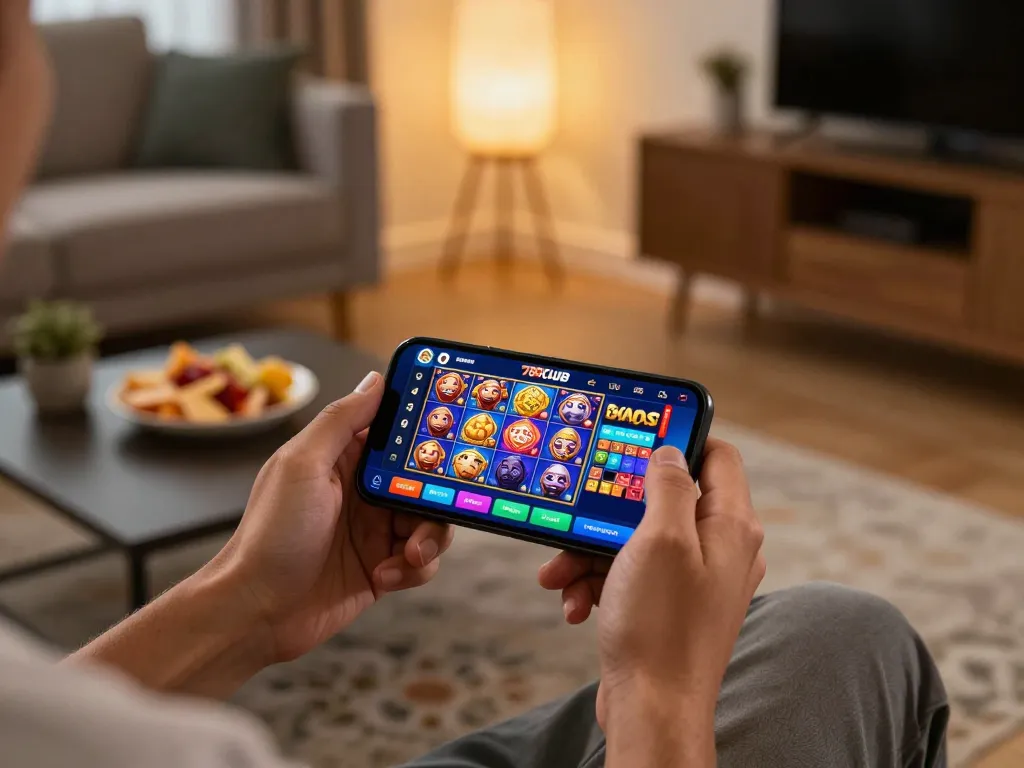 Player immersed in the 789CLUB app, showcasing engaging gameplay in a cozy home environment, emphasizing responsible gaming.