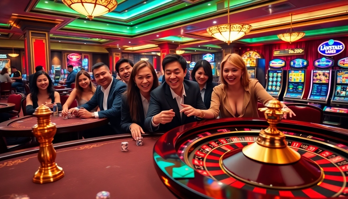 Experience thrilling gameplay at https://uu88vn.za.com/ with lively gamblers at an elegant casino setting.