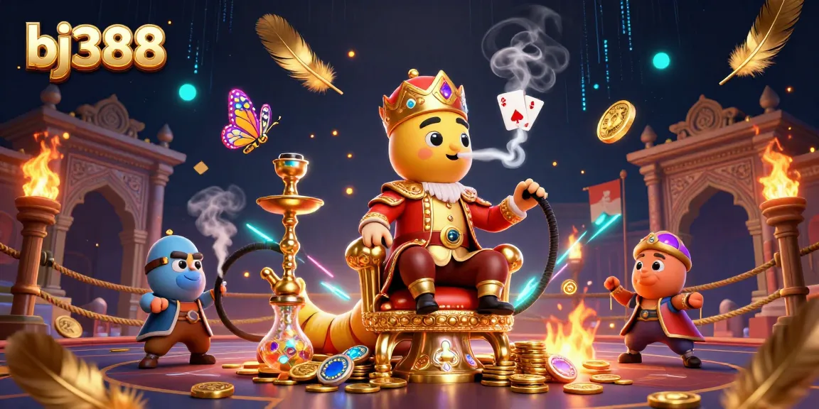 Experience thrilling bets with bj388 as a caterpillar hookah-master embodies festive gaming vibes.