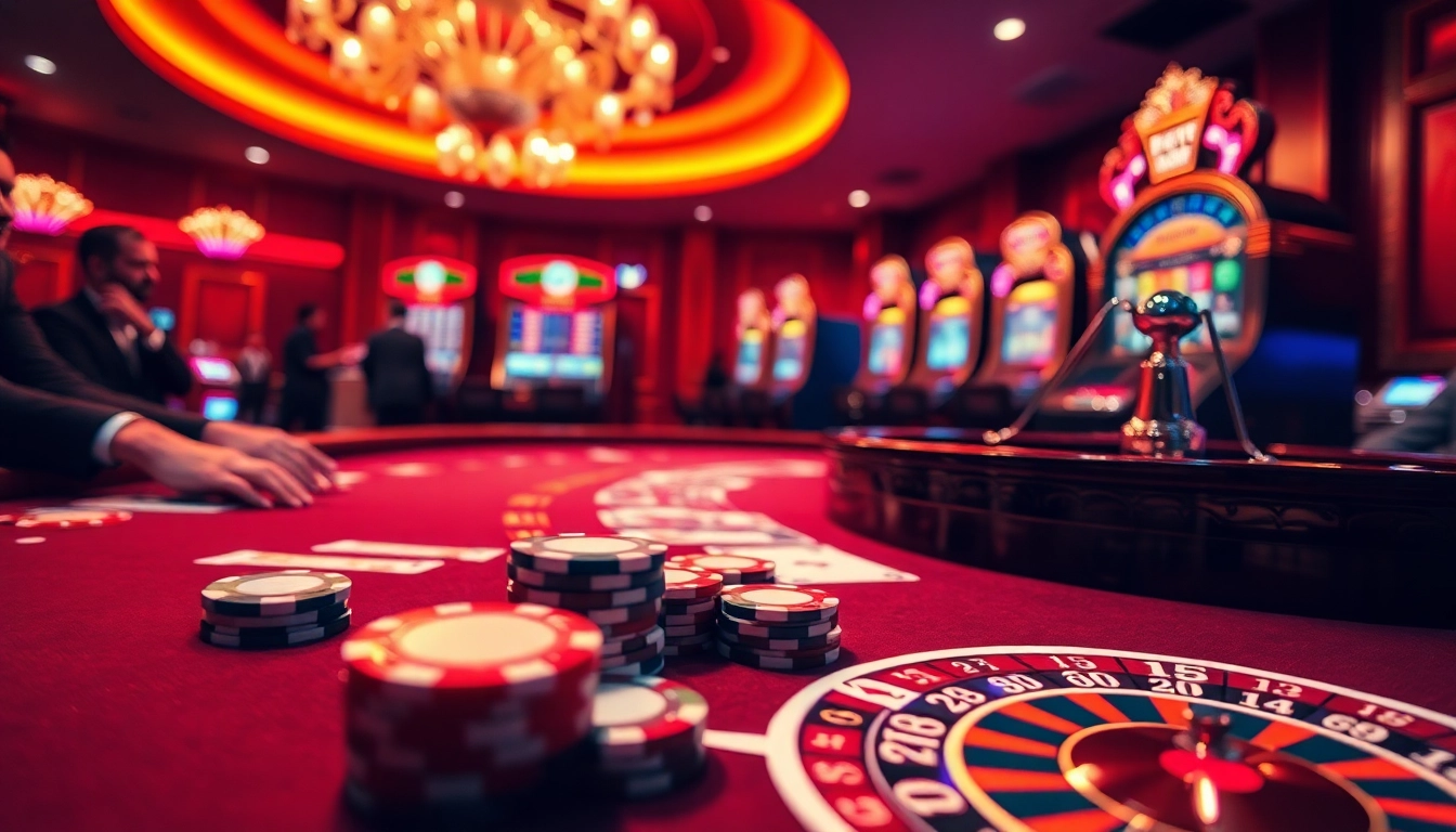 Players enjoying an exciting game at xin88 casino with vibrant poker chips and gaming tables.