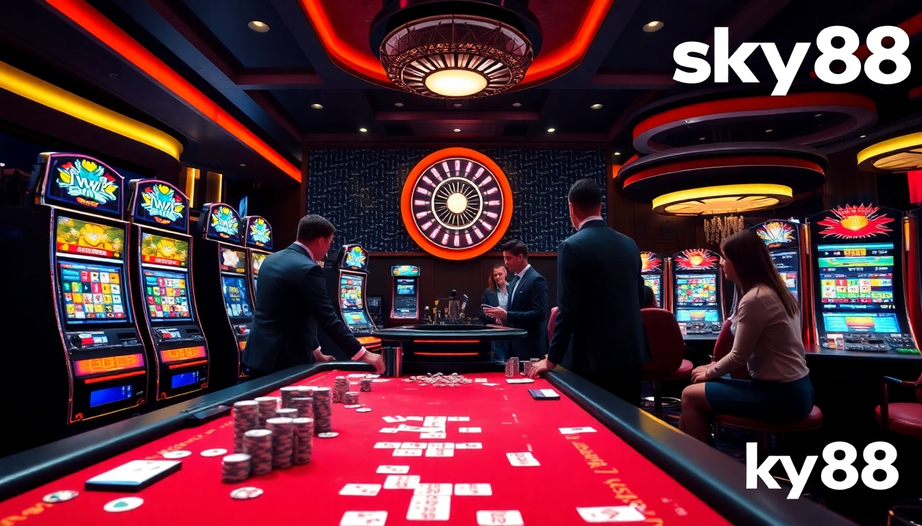 Sky88 players enjoying high-stakes action at a thrilling casino table with vibrant atmosphere