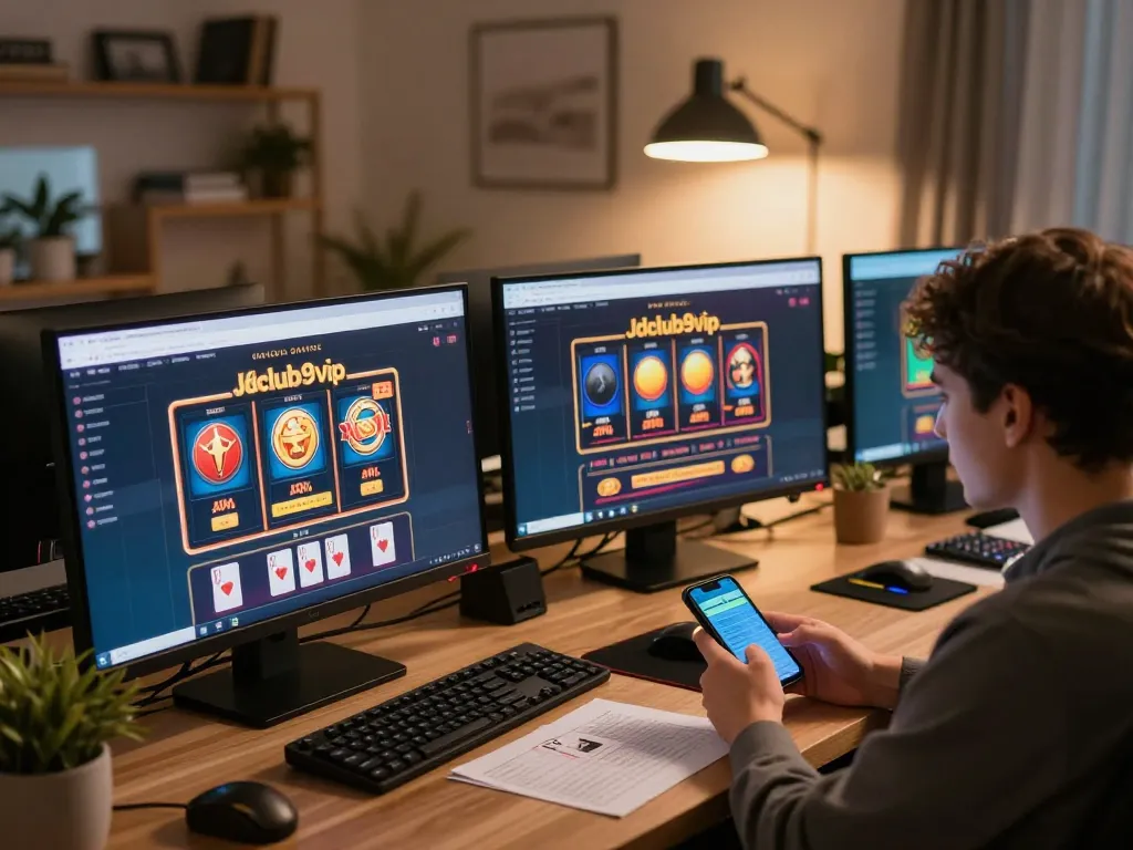 Engaging in online gaming at Jdclub9vip casino from home with multiple screens and strategic notes.