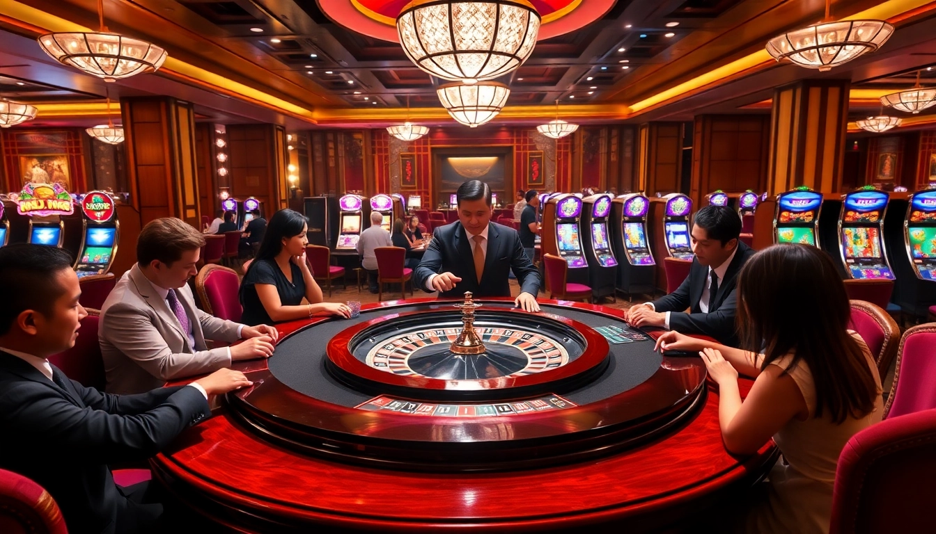Experience the RR88 VIP thrill with a luxurious casino setting showcasing a roulette wheel and players enjoying the game.