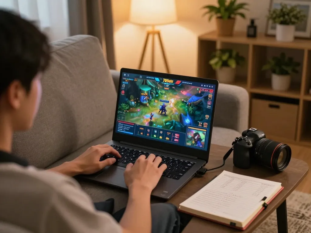 The person enjoys game 789win on a laptop, showcasing strategic gameplay in a cozy home environment.