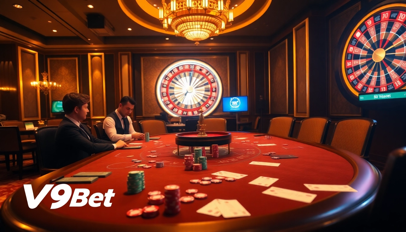 Engage with Nhà cái V9bet betting experience at a luxurious poker table filled with vibrant chips.