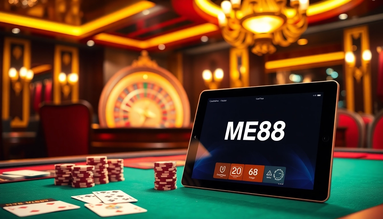 A vibrant casino scene showcasing the ME88 gaming experience with cards, roulette wheel, and poker chips.