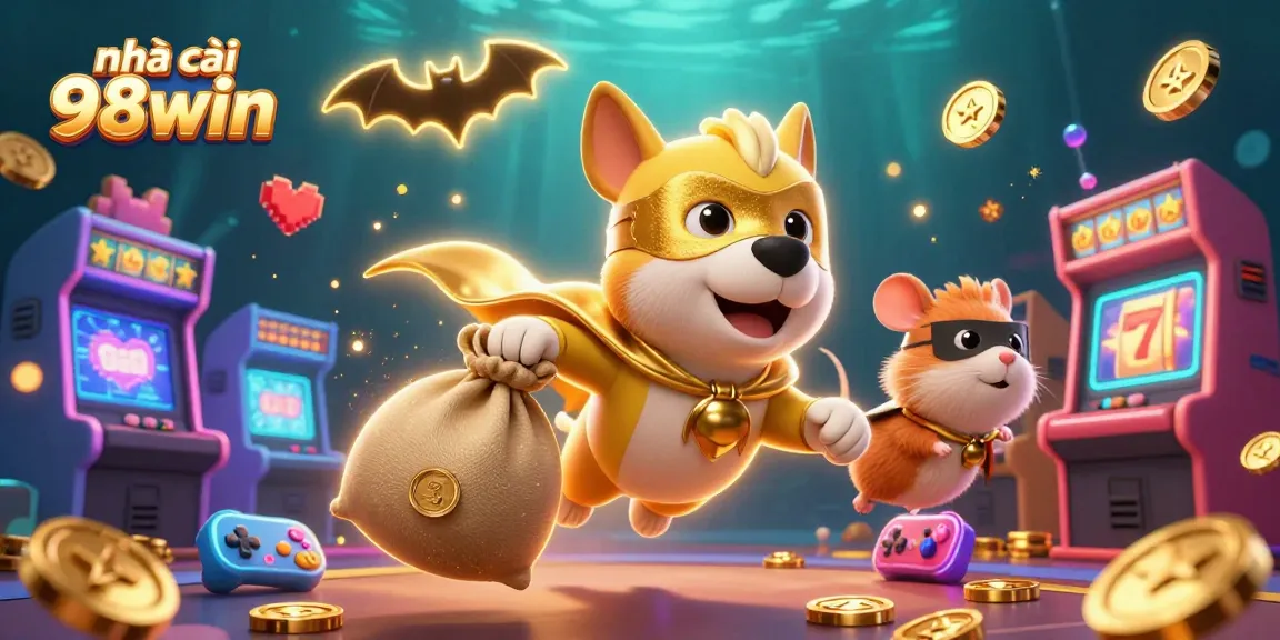 Engage with nhà cái 98win through this vibrant 3D illustration of a superhero dog featuring casino elements.