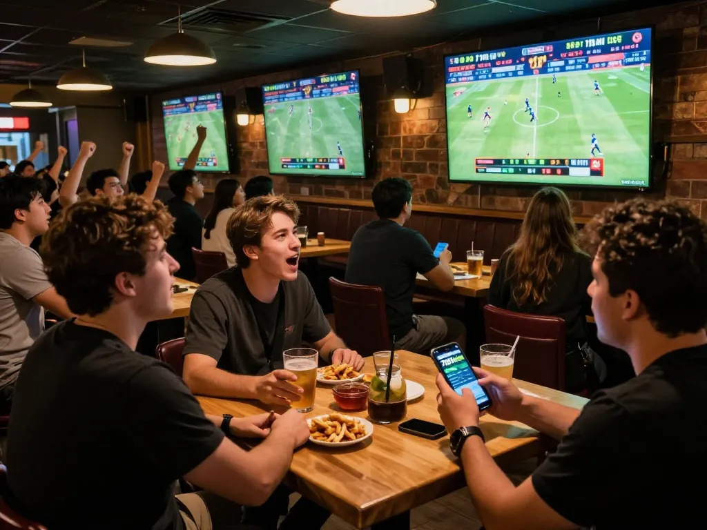 Fans placing bets on 78win during a live sports event in a vibrant bar atmosphere.