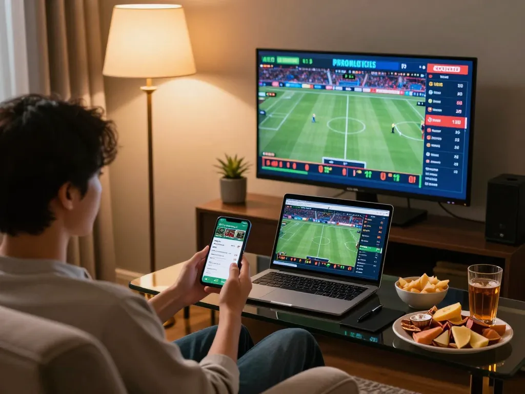 Engaging in sports betting with tic88 app on smartphone, showcasing a cozy home setup.