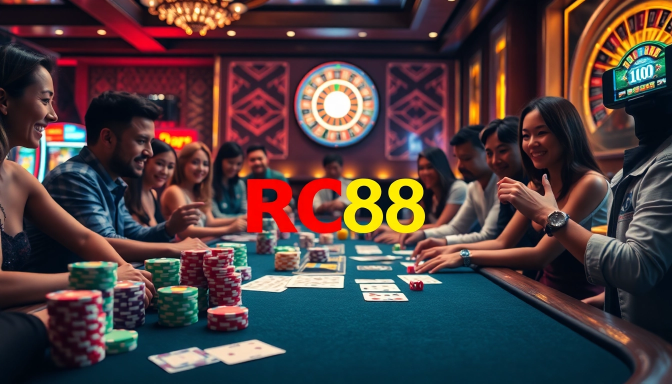 Experience thrilling gameplay at RC88's casino with vibrant poker chips and illuminated slot machines.