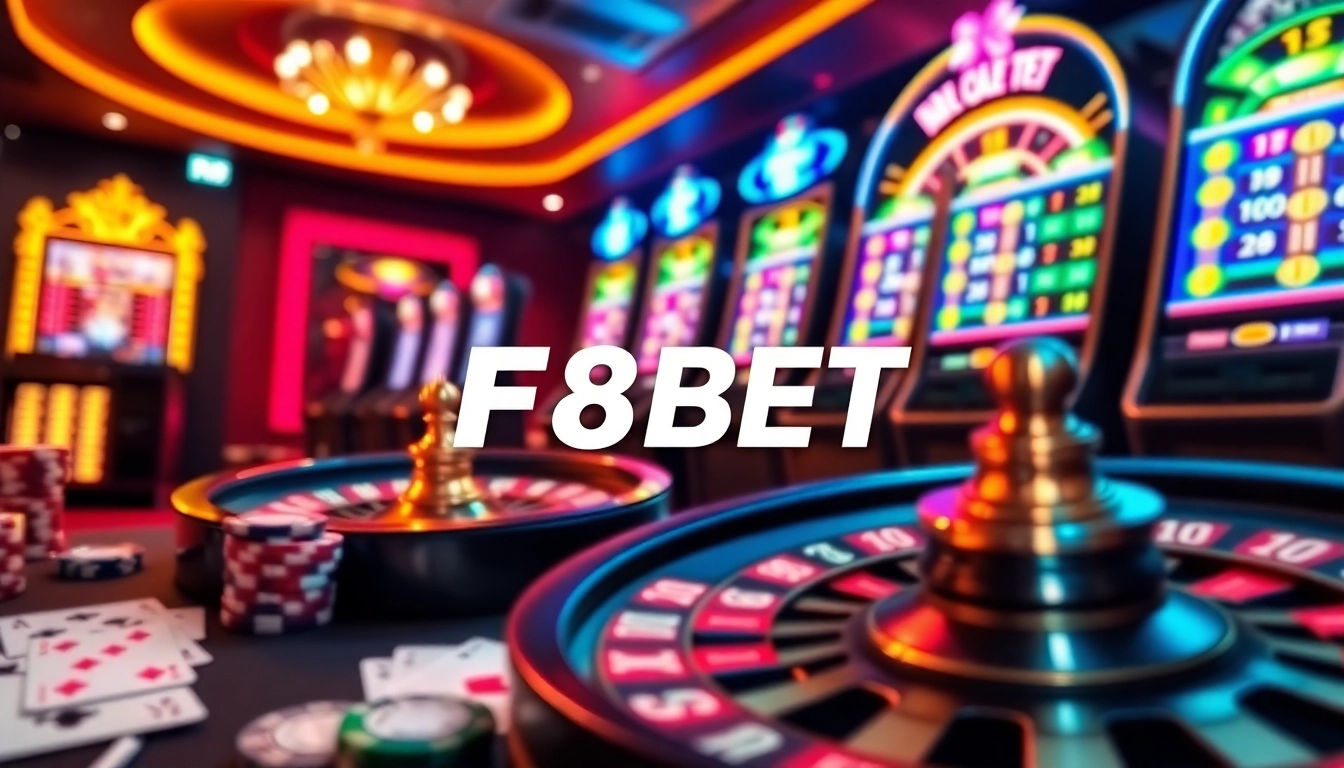 Experience exciting online gaming with F8BET, showcasing poker chips and vibrant slot machines.