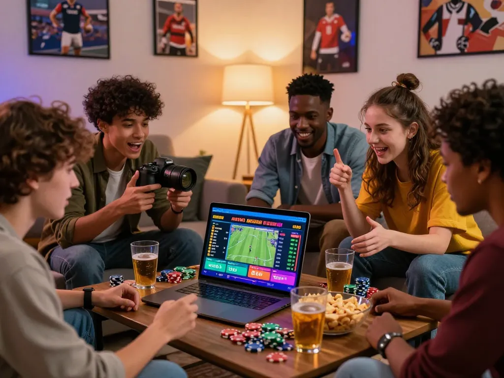 Friends enjoying a blog cá cược session while placing bets online together in a lively living room setting.