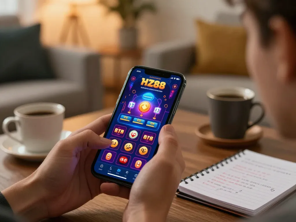 HZ88 player analyzing strategies on a smartphone in a cozy gaming environment