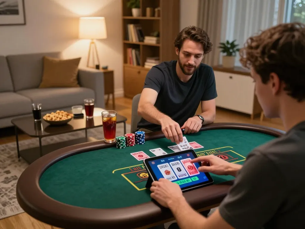 Player enjoying an online casino game with KJC on a tablet in a cozy home setting