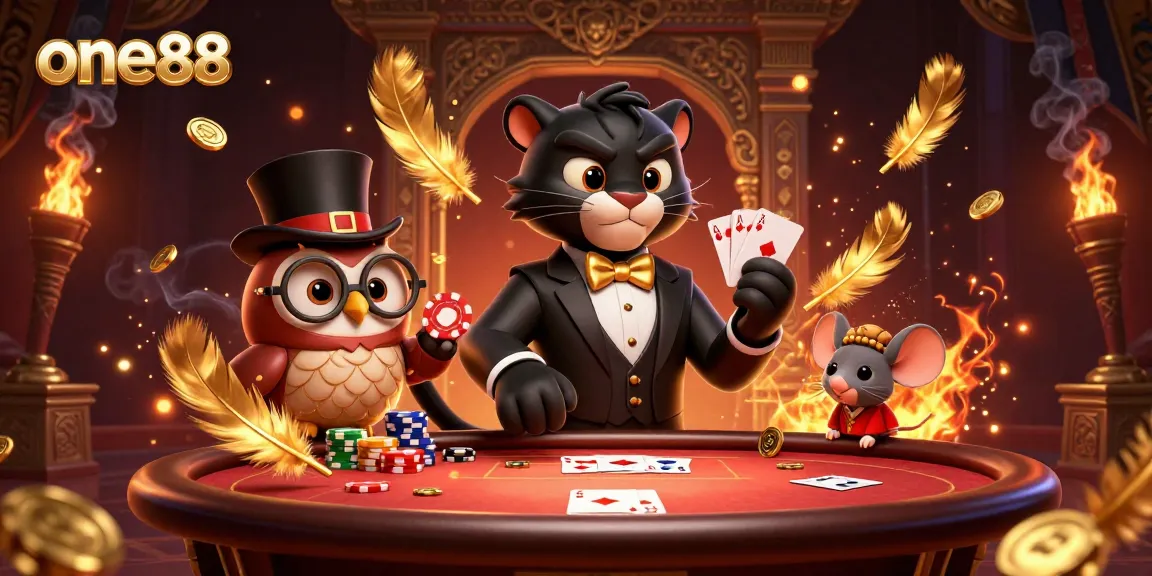 Experience poker excitement with one88 as a tuxedo-clad panther deals cards surrounded by vibrant casino elements.