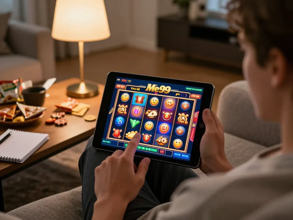 Engaging gameplay at Me99 Casino on a tablet in a cozy home setting.
