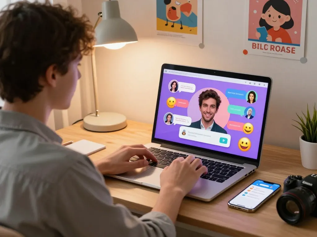 Interactive user experience with ai chat porn on a modern laptop in a cozy room, showing vibrant chat bubbles and character avatars.