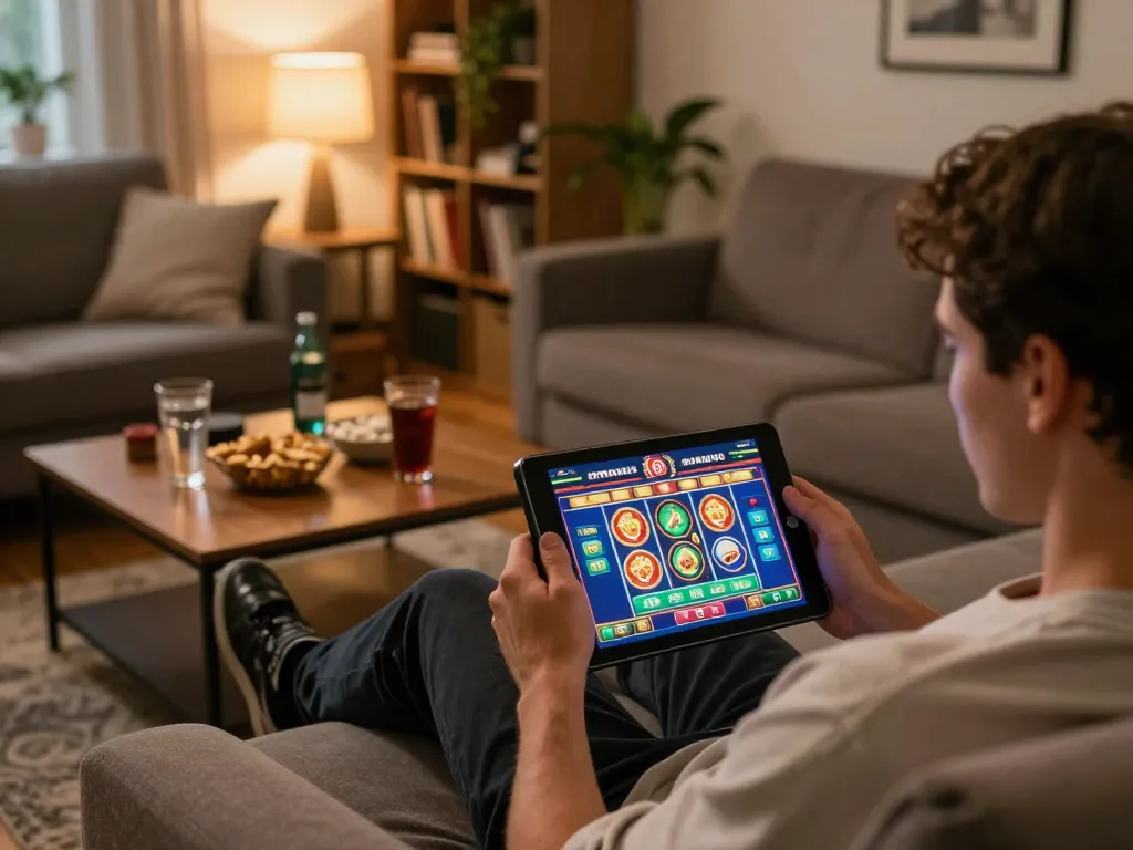 Player enjoying slot games on tablet in a cozy home setup with KP88 online casino interface visible