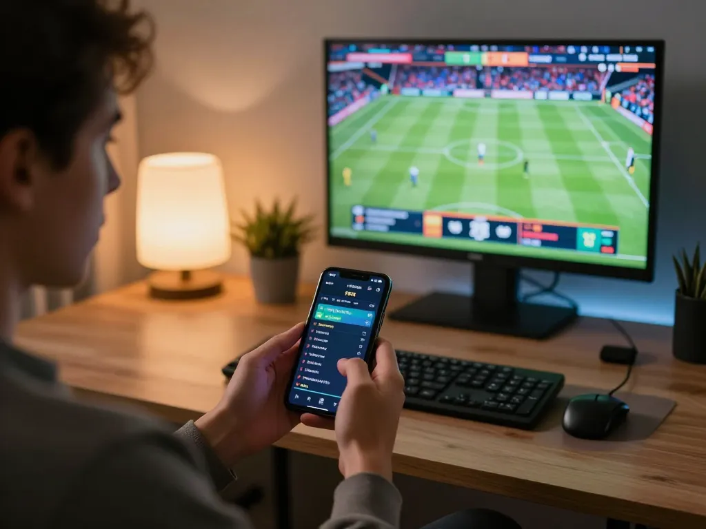 Engaged user placing an F8 bet on a smartphone during live sports event commentary.