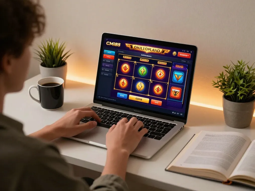 Player engages with the CM88 online casino platform on a laptop in a cozy home setting